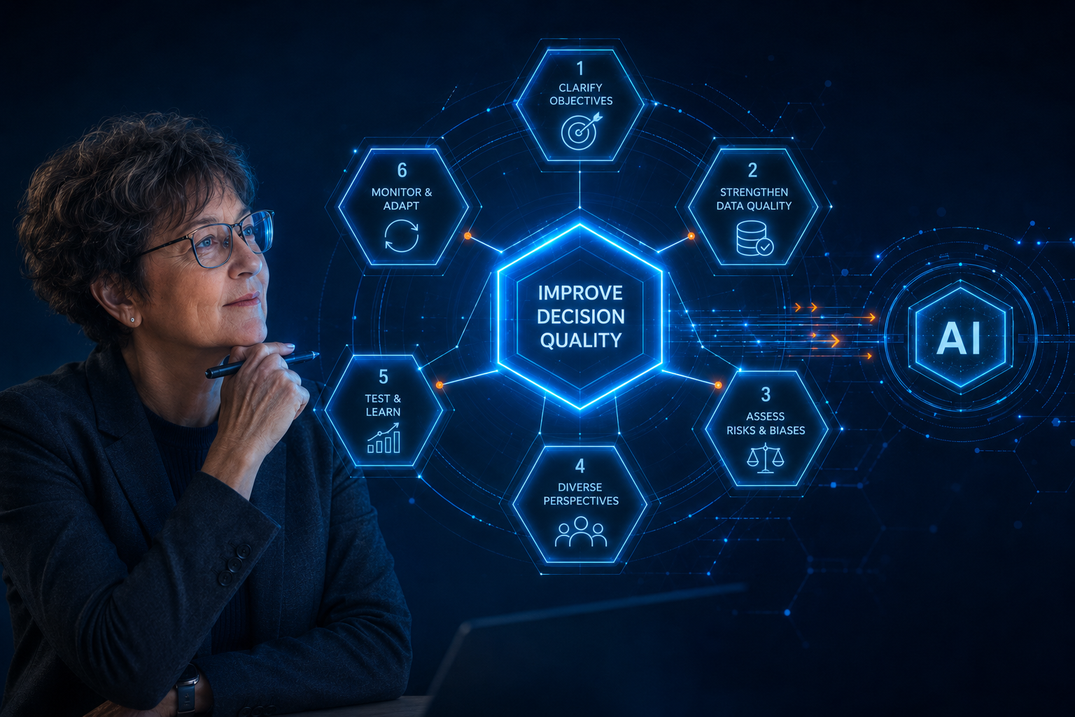 A person wearing glasses sits at a desk, contemplating a glowing blue AI infographic titled ‘Improve Decision Quality’ with six hexagonal steps around it (1–6).