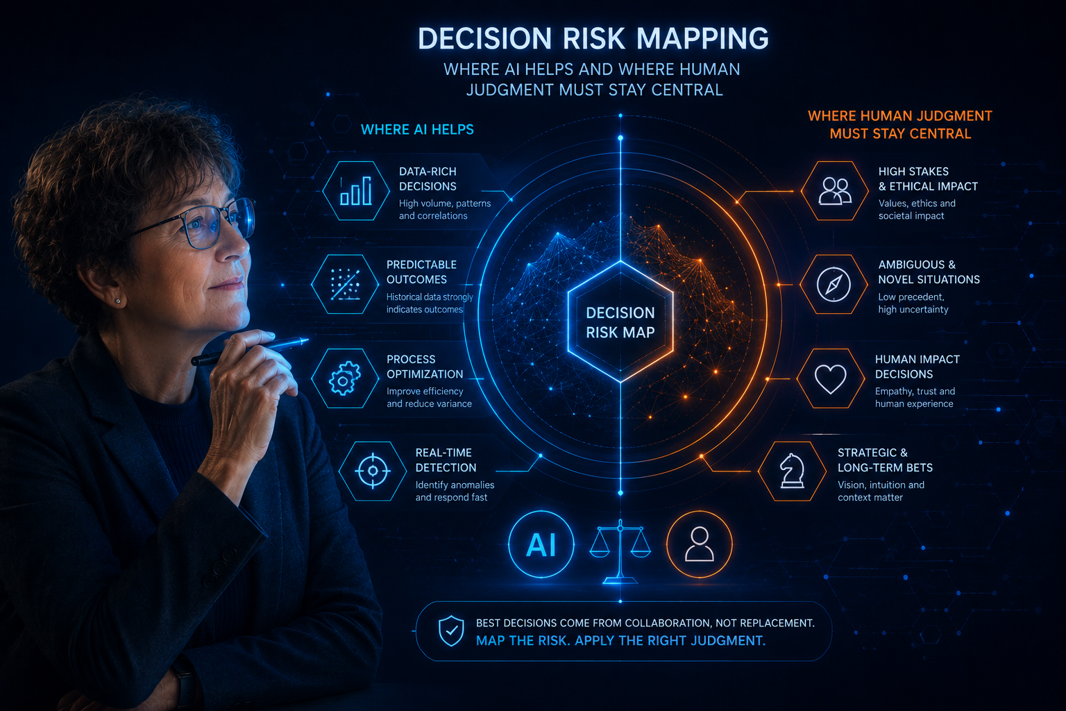 Profile of a woman in glasses studying a neon blue/orange 'Decision Risk Map' infographic with hex icons and labeled sections on both sides.