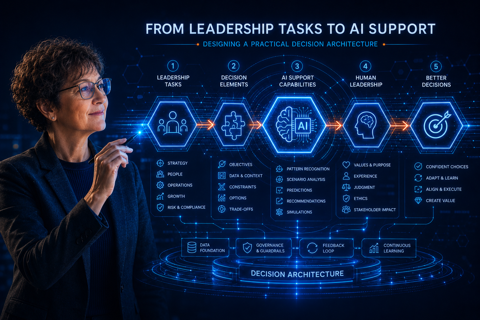 Professional woman studies a glowing blue diagram titled 'From Leadership Tasks to AI Support' about AI-driven decision architecture.